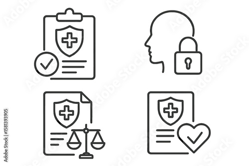 Medical Law and Ethics Line Icons Set – Healthcare Compliance, Patient Privacy, Legal Documents, Justice Scales, Insurance Policy, Medical Shield, Secure Data, Outline Vector