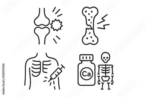 Arthritis joint pain, osteoporosis bone fracture icon set. Medical injection for diagnosis, treatment. Healthcare, medicine vector. Calcium supplement for skeleton health.