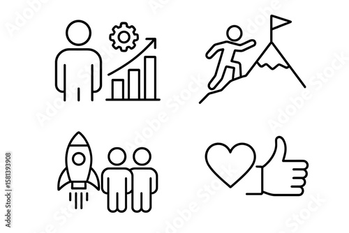 Motivation and Success Line Icons Set. Personal Growth, Goal Achievement, Perseverance, Rocket Launch, Teamwork, Passion, Thumbs Up. Thin Linear Business Vector Collection