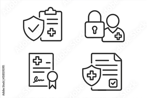 Medical Law and Ethics Line Icons Set – Healthcare Compliance, Patient Privacy, Legal Documents, Insurance Policy, Medical Security, Hospital Regulation, Vector Outline Illustration