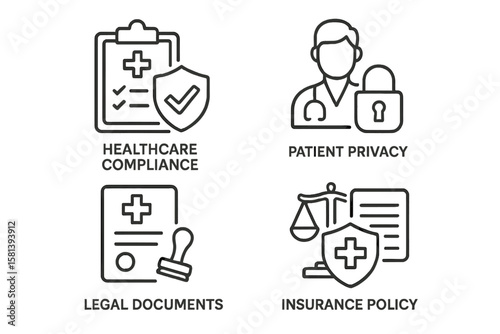 Medical Law and Ethics Line Icons Set – Healthcare Compliance, Patient Privacy, Legal Documents, Justice Scales, Insurance Policy, Medical Regulation, Secure Data
