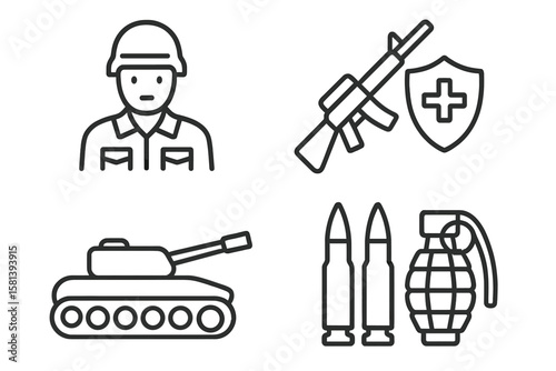 Military war line icon set of 4, vector pictograms of soldier, assault rifle, defense equipment, tank, bullets, grenade, combat gear, battlefield, thin linear illustration