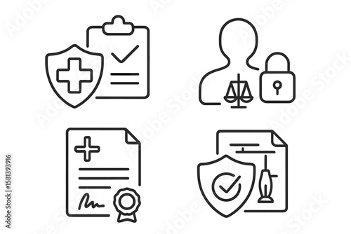 Medical law and ethics line icons. Healthcare compliance, patient privacy, legal documents, scales of justice, insurance policy, medical certificate vector outline icon set.