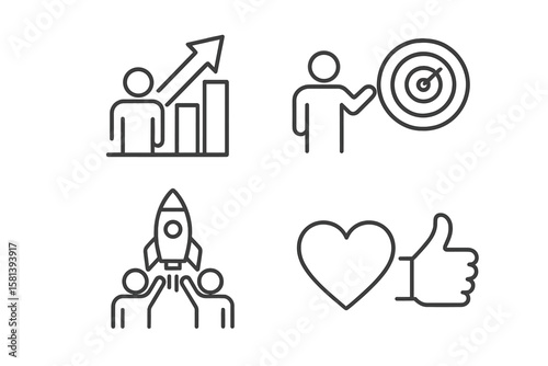 Motivational Line Icons Set – Personal Growth, Goal Achievement, Teamwork, Success, Rocket Launch, Target, Passion, Thumbs Up, Business Development, Leadership, Inspiration