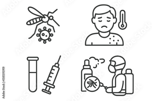 Pest control and tropical disease line icons. Mosquito virus transmission, symptoms, treatment, prevention. Vector pictogram collection for malaria, dengue, zika, fever, vaccine.