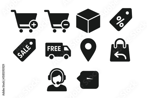 Online shopping glyph icon set with add, remove, product, discount, offer, sale, free shipping, delivery, map pin, return, customer support in black vector pictograms