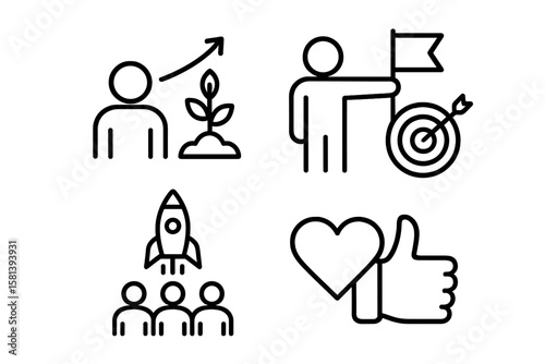 Motivation and Success Line Icons Set. Personal Growth, Goal Setting, Achievement, Rocket Launch, Teamwork, Passion, Thumbs Up. Vector Outline Pictograms for Business and Self-Improvement