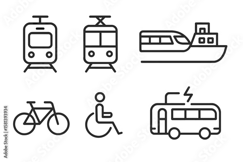 Minimalist Public Transport Line Icons Set. Tram, Train, Ferry, Bicycle, Wheelchair Accessibility, Electric Bus. Urban Mobility, Sustainable City Transit, Thin Linear Vector Illustration