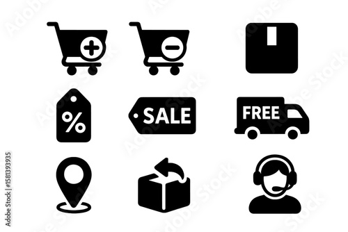 Online shopping and e-commerce glyph icon set. Vector pictograms of add, remove from cart, product, discount, sale, free shipping, delivery, map pin, return, support.