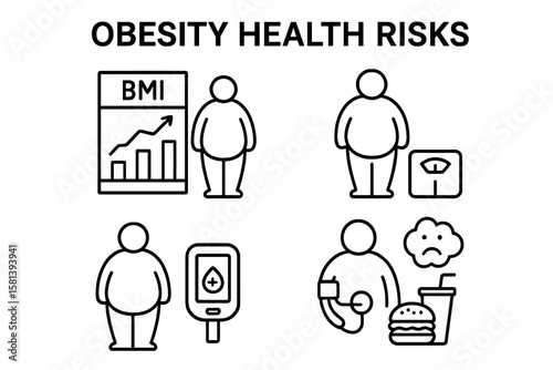 Obesity Health Risks Line Icon Set. Vector Illustrations of BMI Chart, Overweight Person, Weighing Scale, Diabetes, High Blood Pressure, Fast Food, Mental Health, Cholesterol Issues