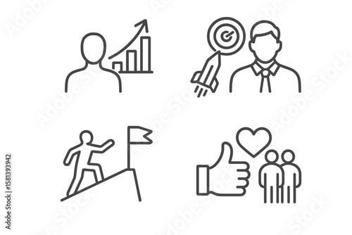 Motivation and Success Line Icons Set. Thin Linear Vector Pictograms of Personal Growth, Goal Achievement, Perseverance, Rocket Launch, Teamwork, Passion, Thumbs Up, Business Leadership
