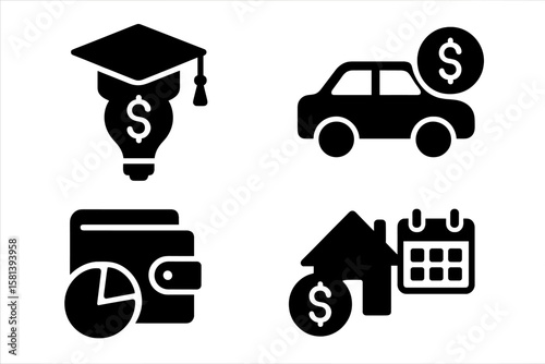 Personal finance planning glyph icon set, vector pictograms of education, graduation cap, car purchase, debt payment, pie chart wallet, investment, mortgage, calendar, budgeting, savings