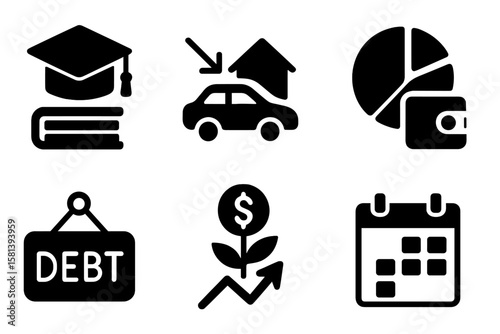 Personal finance planning solid glyph icon set. Financial goals concept. Education, student loan, car purchase, mortgage, debt, investment growth, budget, payment calendar.