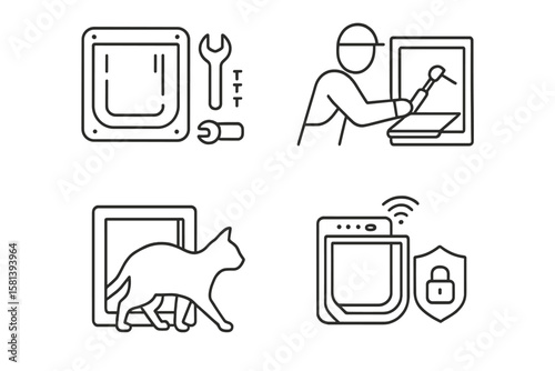 Pet Door Installation Line Icons Set. Vector Pictograms of Cat Flap Kit, DIY, Professional Fitting, Entry Access, Smart Electronic Control, Security Lock, Shield, Thin Linear Illustration
