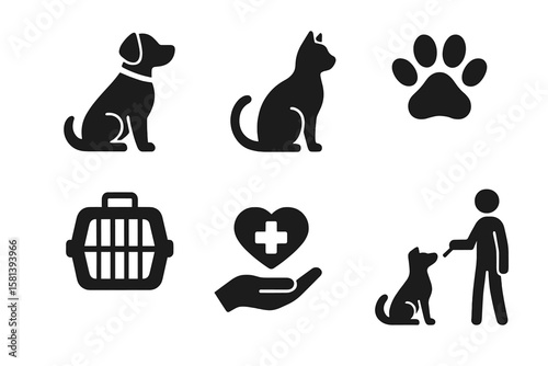Pet and Service Animal Icon Set. Vector Glyph Pictograms of Dog, Cat, Paw Print, Pet Carrier, Veterinary Care, Adoption, Animal Training. Black Silhouette Illustration.