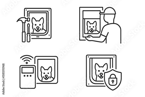Pet door installation line icon set, vector pictograms of smart electronic control, DIY kit, professional entry system, secure lock, protective shield, thin linear illustrations