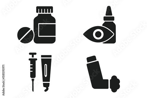 Pharmacy drug packaging icon set with vector pictograms of tablet, syrup, eye drops, nasal spray, injection, syringe, ointment, suppository, inhaler medicine and healthcare symbols