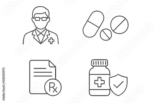 Pharmacy and Medicine Line Icons Set with Pills, Prescriptions, Bottles, Pharmacist, Capsules, Tablets, Drug Safety, Healthcare Vector Illustration Pack of 4