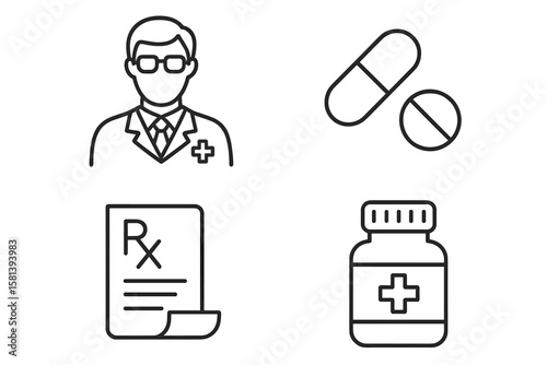 Pharmacy and medicine line icons set with pills, prescriptions, medicine bottles, drug safety, pharmacist, capsules, and tablets, vector illustration collection of 4