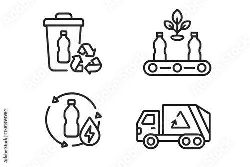 Plastic recycling line icon set with 4 vector pictograms of waste management, conveyor belt, sustainability, reuse, energy, thermal and chemical processes, sorting, bin, truck, logistics