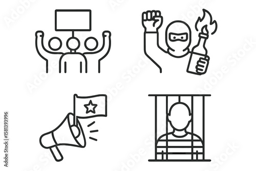 Political Extremism Civil Unrest Protest Rebellion Icon Set—Vector Pictograms, Societal Conflict, Propaganda, Molotov Cocktail, Political Prisoner, Activism, Resistance