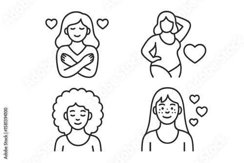 Body Positivity and Self-Love Line Icon Set – Diverse Women, Self-Acceptance, Curvy Figure, Curly Hair, Freckles, Mental Wellbeing, Empowerment, Vector Illustration