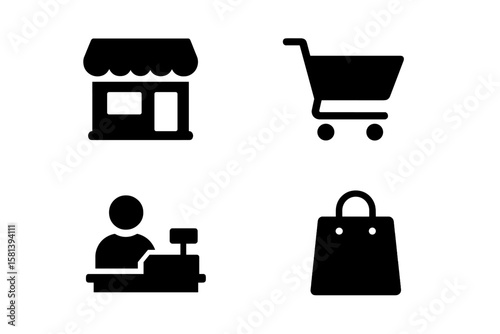 Shopping and Retail Icon Set with Storefront, Shopping Cart, Cashier, and Bag Symbols for E-commerce, Marketplace Management, Business, and Commerce Vector Glyph Pictograms