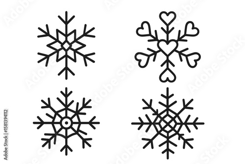Snowflake line icon set. Winter season decoration elements. Vector outline pictograms of diamond, heart shapes and spiderweb crystal. Thin linear illustration for Christmas.