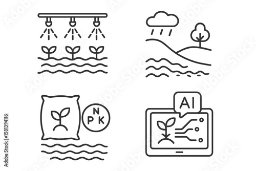 Soil regeneration sustainable agriculture line icon set. Pictograms of irrigation system, erosion control, nutrient management, NPK fertilizer, AI-based smart farming tech.