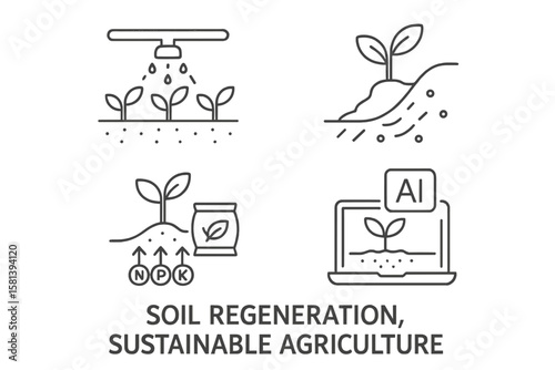 Soil Regeneration and Sustainable Agriculture Line Icon Set of 4, Vector Pictograms of Irrigation, Erosion Control, Nutrient Management, and AI Farming Technology