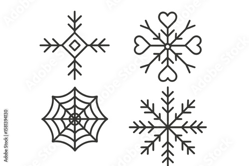 Snowflake line icon set. Winter holiday symbols collection. Christmas and New Year decoration elements. Vector thin linear illustration of hearts, diamond shape, spiderweb.