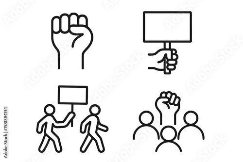 Protest line icon set. Activism and revolution vector pictograms. Raised fist, demonstration, strike, and political rally symbols for social justice and human rights movements.