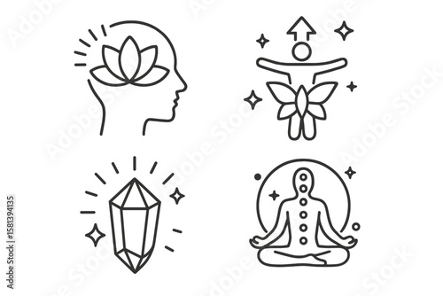 Spiritual inner growth line icon set. Vector pictograms of mindfulness, personal transformation, enlightenment, crystal glow, meditation, universe, chakra, self-awareness.