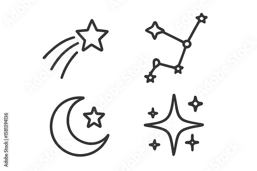 Celestial line icon set. Star, moon, constellation, comet icons. Astronomy, space symbols. Pictogram of shooting star, crescent, sparkle. Thin linear vector illustration.