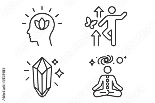 Spiritual inner growth line icon set of 4, vector pictograms of mindfulness, personal transformation, enlightenment, glowing crystal, meditation, universe, chakra energy