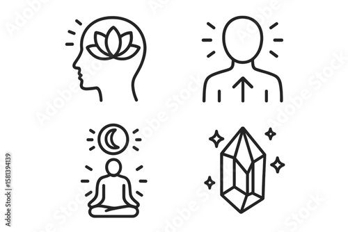 Spiritual inner growth line icon set of 4, vector icons of mindfulness, personal transformation, enlightenment, crystal glow, meditation, chakra, energy healing