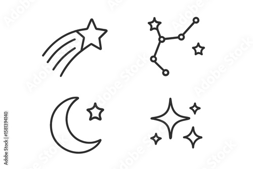 Stars line icon set of 4. Vector pictograms of shooting star, constellation, moon phase, sparkling effect, neon burst. Thin linear style, minimalistic design concept.