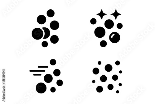 Soap bubble icons set. Foam, suds, and water spray symbol collection. Clean, fresh, and sparkling effect. Laundry detergent, hygiene, and washing pictograms. Air flow.