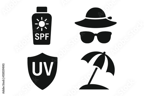 Sun protection icon set. Vector glyphs of sunscreen, hat, sunglasses, UV shield, beach umbrella. Skincare, skin safety concepts. Summer vacation care black silhouettes.