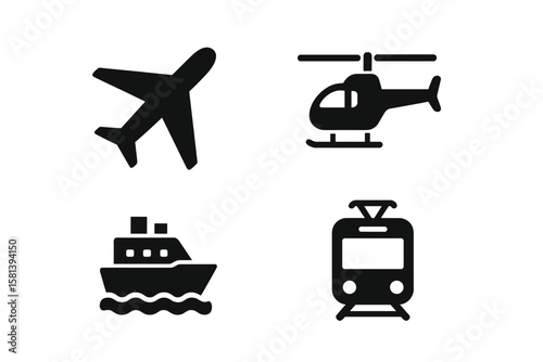 Transport glyph icon set. Vector pictograms of airplane, helicopter, boat, ferry, tram. Air travel, water transport, urban transit. Simple black silhouette symbols.
