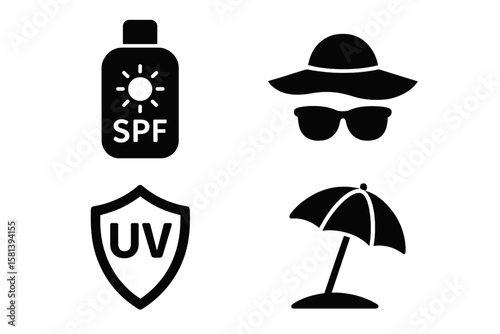 Sun protection icon set of 4, vector glyphs of sunscreen SPF bottle, wide-brim hat, sunglasses, UV shield, beach umbrella, skincare, skin safety, summer care, black silhouette