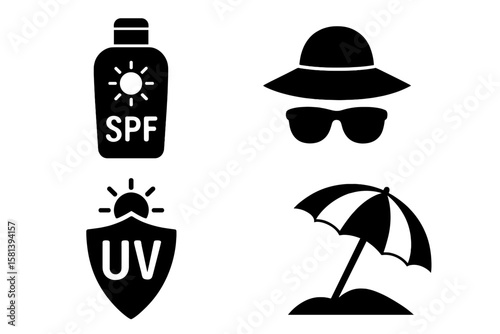 Sun protection icon set. SPF sunscreen and UV shield. Summer vacation safety concepts. Beach umbrella, hat, sunglasses pictograms. Skincare and skin safety vector glyphs.