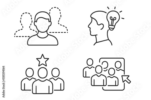 Individuality, creativity, and leadership metaphor. Line icon set for personal identity, innovation, being unique, self-expression, standing out, and HR recruitment concept.