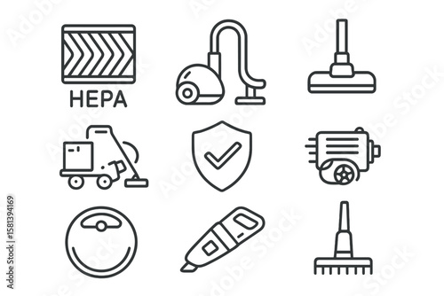 Vacuum Cleaner Line Icon Set with Vector Pictograms: HEPA Filter, Hose, Brush, Delivery Truck, Warranty Shield, Motor, Robot, Handheld, Upright, Rechargeable, Accessories