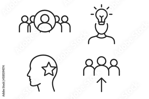 Individuality and creativity icon set. Icons for personal identity, innovation, talent, and career growth. Unique person, new idea, leadership, and teamwork vector symbols.
