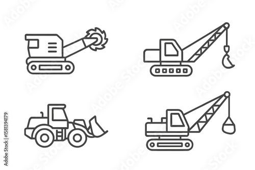 Mining and Heavy Industry Vehicles Line Icon Set of 4, Vector Pictograms of Crusher, Drill, Loader, Bulldozer, Excavator, Dragline, Crane, Thin Linear Illustration