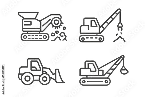 Mining and Heavy Industry Vehicle Line Icon Set of 4, Vector Pictograms of Crusher, Drill, Loader, Bulldozer, Excavator, Dragline, Crane, Thin Linear Illustration