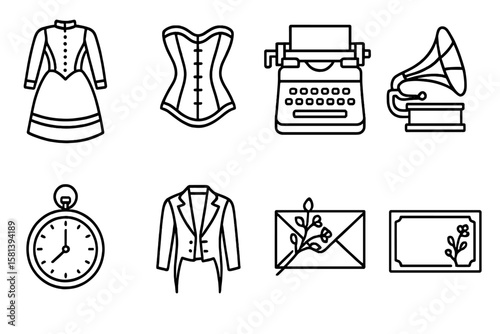 Vintage Victorian Era line icons. 19th century objects: dress, corset, typewriter, gramophone, pocket watch, tailcoat, letter. Retro vector pictogram set for design.
