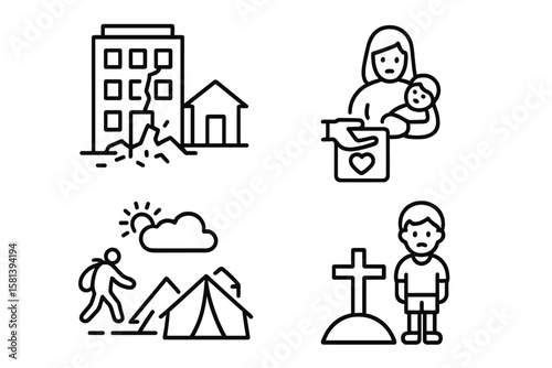War Consequences Line Icon Set of 4, Vector Pictograms of Destruction, Displacement, Humanitarian Crisis, Refugee Camp, Mass Migration, Power Outage, Graveyard, Orphan