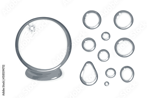 Crystal magic ball for predicting future, fortune telling. Realistic 3D glass sphere orb with glare. Set of transparent water drops, bubbles isolated vector illustration.